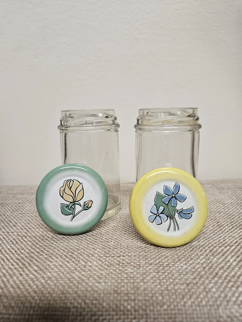 70s Mini Glass Spice Jars with Floral Lids - Set of 2
